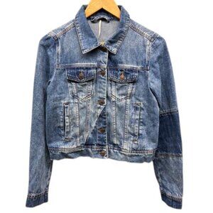 Free People Denim Trucker Jacket Women’s Blue Button Front Distressed Size XS‎
